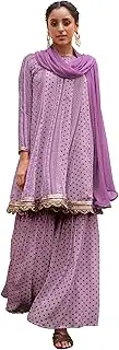 [Janasya] Indian Women's Lavender Flowy Flared Printed Kurta Kurti Top Tunic Festive Wedding Kurta Set with Dupatta for Women