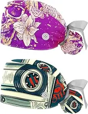 [WOSHJIUK] Working Hat 2 Pack Scrub Caps for Women,Vintage Mexican Sugar Skull,Tie Back Cap Adjustable Scrub Hat
