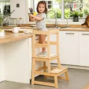 Kids Kitchen Step Stool for Kids with Safety Rail, Solid Wood Construction Toddler Learning Stool Tower,Montessori Kitchen Stool Toddlers (Natural)