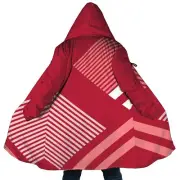 Personalized Hooded Cloak Coat, Red and White Striped Color Block Cloak Coats