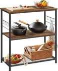 Baker's Rack Kitchen Shelf, Microwave Stand with 3 Shelves & Hooks Rustic Brown