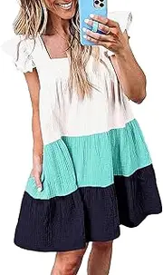 [Jiuhexuj] Women's Summer Tunic Dress Short Sleeve Ruffle Color Block Casual Loose Mini Dress Swing Shift Dresses
