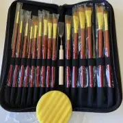 Artist Paint Brush Set. Acrylics/Watercolor. Sponge, Palette Knife, Case. #e3