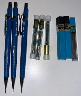 Pentel Mechanical pencils 0.7 mm P207 Vintage with 9 erasers & 90 Leads