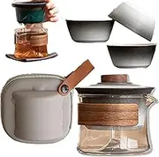 Teatsy Portable Tea Set, Teatsy Teapot, Heat-Resistant Glass Teapot with 360° Rotating Strainer, Ceramic Travel Tea Set, 3 Premium Cups & Travel Case for Home/Office(White Gradual Change)