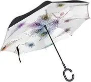 Mydaily Double Layer Inverted Umbrella Cars Reverse Umbrella Dancing Ballerinas Peacock Feathers Windproof UV Proof Travel Outdoor Umbrella