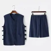 Men Elastic Waist Waistcoat and Shorts Set Frog Button Tank Top Vest Tang Suit