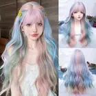 Air Bangs Long Body Wave Wigs Multicolour Lolita Cosplay Wigs Party