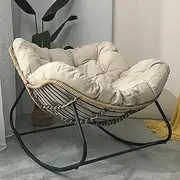 VERYMUSH Patio Rocking Chair Outdoor Chair with Cushion Padded, Indoor Oversized Rattan Wicker Lounge Chair, Metal Frame Large Supports Modern Rocker Chair(Beige)