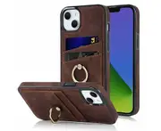 Full Protection Cover for iPhone 14, 2 Cards PU Leather Case with Ring Holder - Brown
