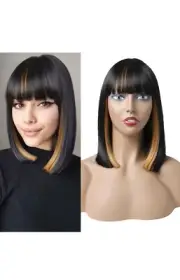 Bob Wig With Bangs Synthetic Bob Women Heat Resistant Natural Wig 14”