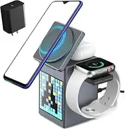 3-in-1 Bluetooth Speaker & Wireless Charger, Multifunctional Magnetic Wireless Charging Station with Alarm Clock, Fast for Fast Charging of Phones, Watch, and Headphones(Grey,+Charging Head)