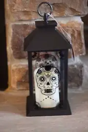 SUGAR SKULLS DAY OF THE DEAD BLACK METAL LANTERN LED TIMER CANDLE 4 SIDED DESIGN