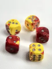 5ct 12mm Dice Red Yellow Swirl Silver Dot Round Corner 6 side RPG Game MTG D6