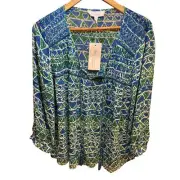 NWT Two by Vince Camuto Blue & Green Sheer V-Neck Tassel Boho Peasant Top