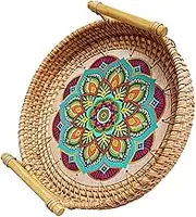 GRADENEVE Rattan Serving Tray with Handle Mandala Pattern Woven Snack Platter for Home Kitchen Picnic and Easy to Clean Food Storage Tray