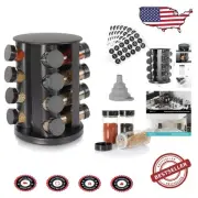 Elegant 16-Jar Revolving Spice Organizer with 135 Labels – Black & Polished