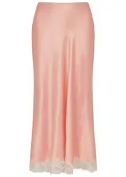 Rixo Ardith Lace-trimmed Satin Midi Skirt - Peach - S (UK 10 / S) S (UK 10 / S)