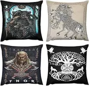 LDZDGD Set of 4 Viking Throw Pillow Covers - Norse Mythology Designs with Odin, Valknut, Mjölnir, and Runes - Soft Plush Cushion Covers for Sofa, Couch, Bed, and Home Decor(Odin Symbol,45 x 45CM)