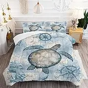 FUYEUN Turtle Comforter Set Queen: Nautical Anchor Bedding Set for Boys Kids Teens Adults, Compass Ocean Quilt Bedroom Decor 1 Comforter 1 Pillowcase