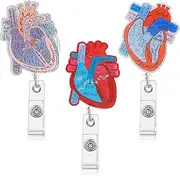 IONPSHG 3Pcs Funny Cardiac Badge Reel Holder Retractable Heart Cardiac Phlebotomy with ID Name Card Tag Clip for Nursing Anatomy Surgery Student Doctor CNA RN MA ICU LPN Medical Office Accessories