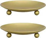 Gripebao Pillar Candle Holders Set of 2, Iron Pillar Candle Stand, Vintage Pillar Candle Plate Tray, Metal Candle Pedestal, Decorative Candle Stick Wax Holder for Aromatherapy Christmas Wedding, Gold