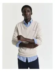 [Gant] Classic Cotton V-Neck Knit in Light Beige Melange