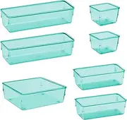 [Acrimet] Drawer Organizer Modular, Box Tray Storage Bins for Office, Home, Makeup, Kitchen, Junk Drawer (7 Units - 4 Sizes) (Clear Green Plastic)
