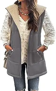 [Qolkmuiy-GJ] Women Long Fleece Lined Vest Knee Length Sleeveless Zip Hoodie Waistcoat Winter Zipper Gilet with Pockets Hood