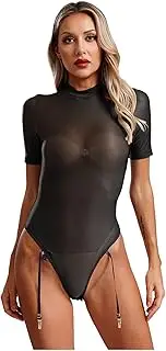 [Sinleey] Women Sexy Lingerie Bodysuit Glossy Bodystocking Sheer Romper Garter Stocking Nightwear