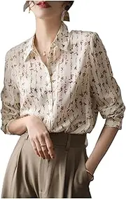 [Generic] Women's Elegant Lapel Button Printed Chiffon Floral Shirts Looseh Tops Office Lady Blouses