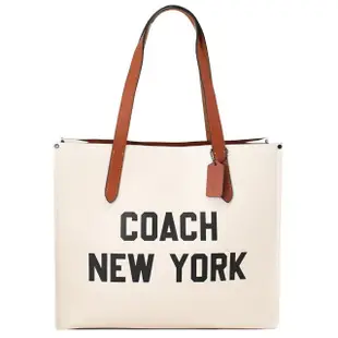 【COACH】簡約經典壓印LOGO皮革大肩背包托特包(白)