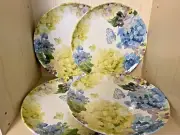 Shabby Chic White Blue Green Hydrangea Floral 11” Dinner Plates 4 Pc Set New