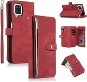 [UEEBAI] Case for Samsung Galaxy A12 5G, 9 Card Slots Retro Leather Wallet Shockproof Flip Cover with Hand Strap Card Slots Zipper Pocket Kickstand Handbag Magnetic Closure - Retro Red Wine