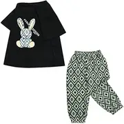 [Babyfond] Toddler Girls Boys Summer Clothes, 2 Pcs Baby Clothing Set with Cute Rabbit Pattern T-Shirt and Pants Set, Toddler Outfits