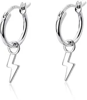 [Dtja] Small Lightning Bolt Dangle Hoop Earrings for Women Girls Sterling Silver Dipped Huggie Personalized Drop Clip Hypoallergenic Stud Delicate Charm Punk Fashion Jewelry Chic Silver-Tone, Metal, No