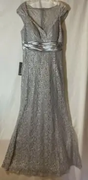 NEW EVER-PRETTY SILVER/GRAY LACE OVERLAY FORMAL DRESS SIZE 10 EMPIRE WAIST MAXI