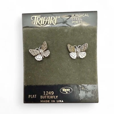 Vintage Trifari Silvertone Butterfly Stud Earrings NEW