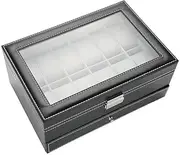 [Wakects] 12 Slot Watch Box with Drawer,Double-Layer PU Leather Black Watch Display Case Organizer with Jewelry Glasses Drawer for Storage and Display 30 x 20.5 x 13cm