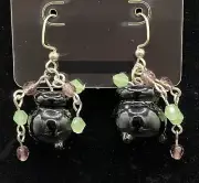 Black Glass Cauldron with Green & Purple Glass Bead Earrings by Neanie-Bot