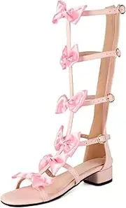 [ZJWBB] Women's Knee High Roman Gladiator for Women Comfortable Low Heel Toe Ring Strappy Sandals with Bow Trendy Dress Shoes Summer Holiday Vacation Travel Beach Casual Daily