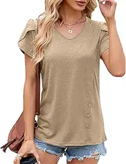 [ICRPSTU] Women V Neck T Shirt Button Decorated Pure Color Casual Short Petal Sleeves Blouse for Daily Life