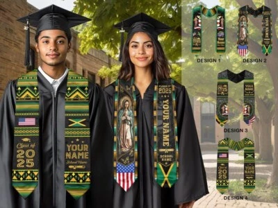 Jamaican American Flag Graduation Sash 2025, Custom Stole with Name & Year