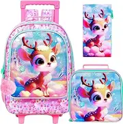 [gxtvo] Rolling Backpack for Kids, Wheeled Elementary School Bag, UV Printing Clouds Sika Deer Rolling, One Size, Blue and Brown, Low Noise Wheels, UV Printing