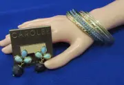 Carolee Goldtone Jewelry Earrings Blue Stone Beads & Set Of 9 Bangle Bracelets