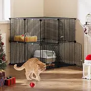 YITAHOME Cat Cage Indoor Cat Enclosures 2-Tiers DIY Cat Playpen, Cat Cage with Metal Wire Dense, Cat Pet Playpen Metal Kennel for 1-2 Cats, Ferret, Rabbit, Small Animals, Black, 71x 71x71cm