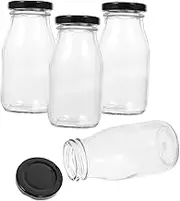 Luxshiny 4Pcs Glass Milk Bottles with Caps Reusable Glass Containers for Milk Juice Yogurt Practical for Refrigeration for School Work Outdoor Use