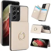[Boyobacase] for Samsung Galaxy S21 Ultra Case Wallet with Card Holder,for Galaxy S21 Ultra 5G Flip Case 360°Rotation Ring Holder Kickstand Protective Phone Cover with 4 Card Slots and Cash Pocket-Beige
