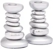 Yaie Emanuel Zen Stone Tower Candlestick Holders for Shabbat Silver (Csg-1)