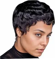 Short Wigs, 10 Inch Short Wavy Black Wig with Bangs & Hairnet for Women